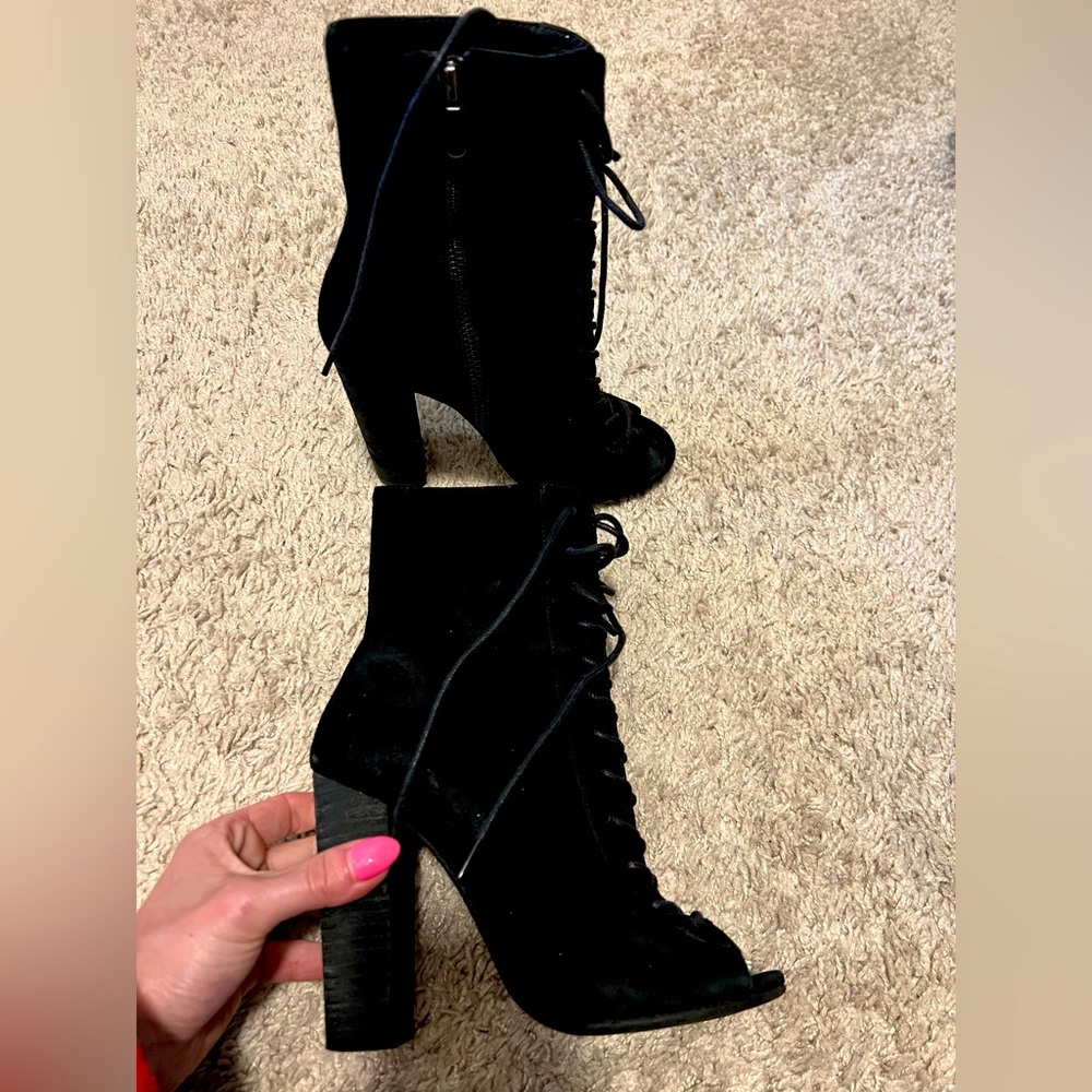 Black Lace Up Suede Open-Toe Women’s Booties